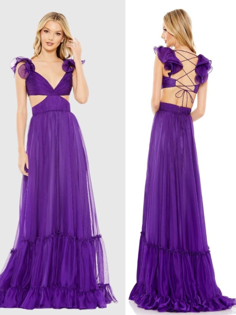 Mac Duggal Size 8 Purple 70254 Ruched Ruffled Shoulder Cut out Lace Up Gown Prom